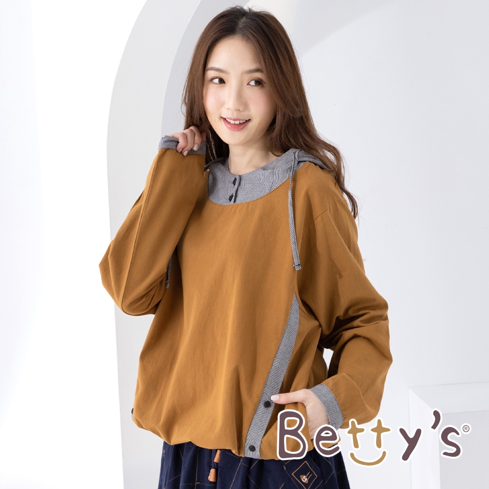 betty’s貝蒂思　千鳥格拼接連帽T-shirt(駝色)