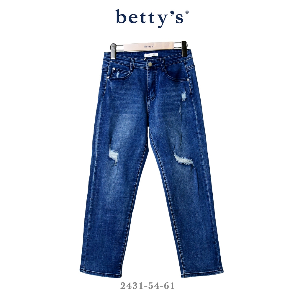 betty’s專櫃款   水洗刷破直筒彈性牛仔褲(藍色)