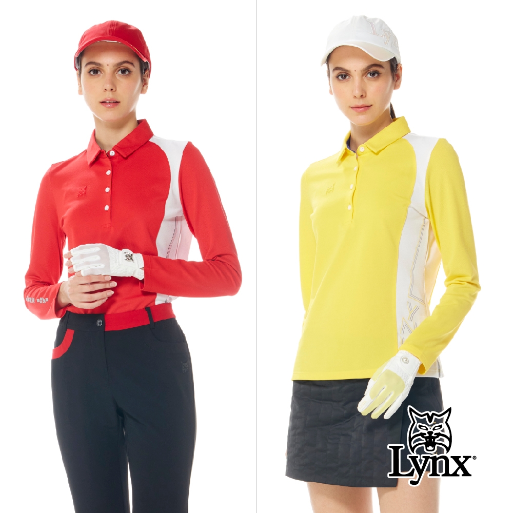 【Lynx Golf】首爾高桿風格！女款吸濕排汗網眼材質側邊弧形剪接設計長袖POLO衫/高爾夫球衫(二色)