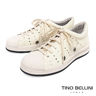 Tino Bellini 真皮拼接潮流圓沖孔厚底綁帶休閒鞋 _ 米白