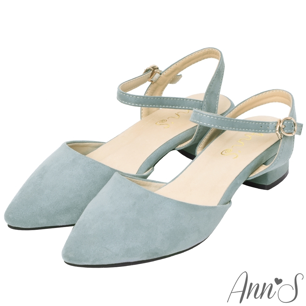 Ann’S砰然約會-夢幻細絨繫帶側V顯瘦粗跟尖頭鞋-藍