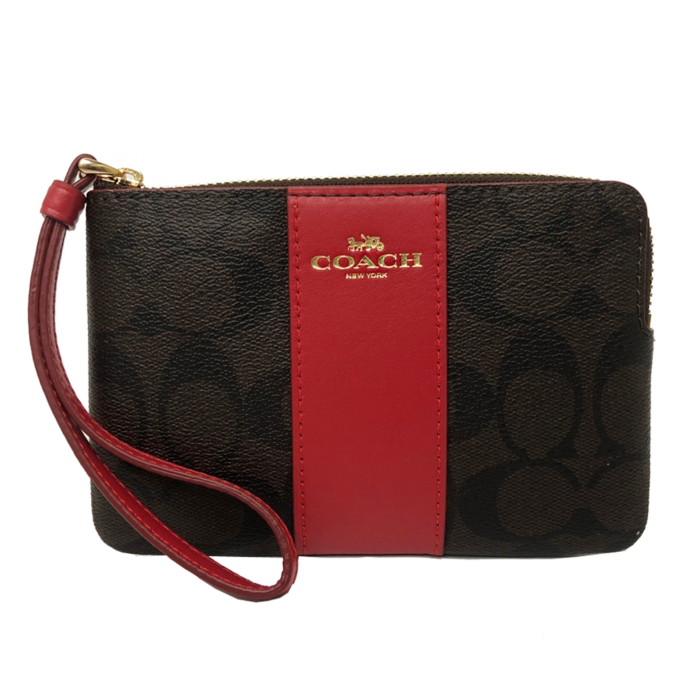 COACH 經典C LOGO直紋手拿包零錢包(深咖/紅)