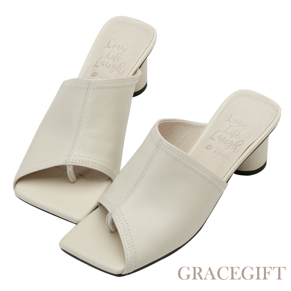 【Grace Gift】薛妞妞聯名-全真皮斜口圓跟拖鞋(台灣製) 米白