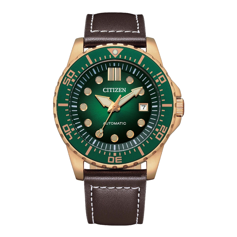 CITIZEN Mechanical 紳仕風格機械皮革腕錶-玫瑰金x綠-NJ0173-18X-43mm