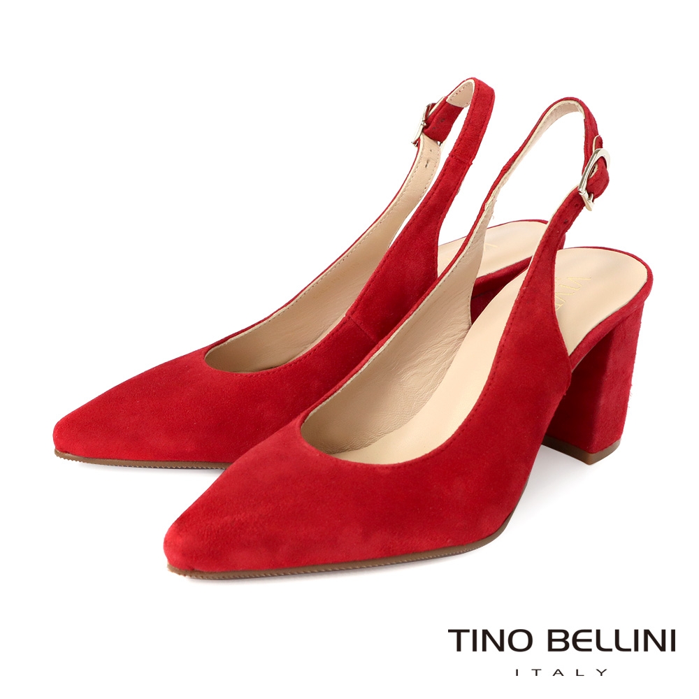 Tino Bellini 西班牙進口都會女伶尖頭後繫帶牛麂皮粗跟鞋-紅