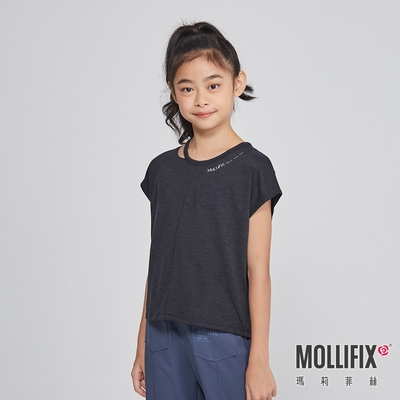 Mollifix 瑪莉菲絲 鏤空造型小包袖運動上衣_KIDS(麻花黑)、瑜珈服、背心、T恤