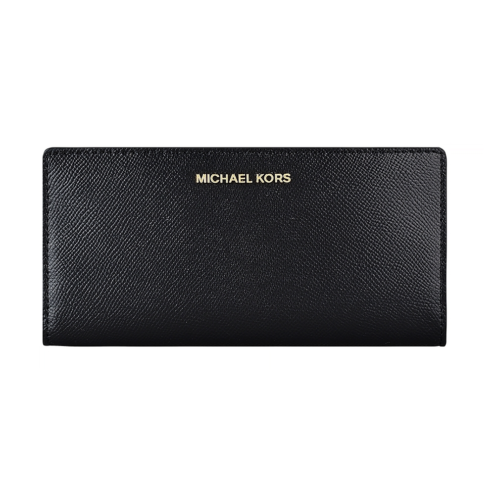 MICHAEL KORS JET SET Slim金字LOGO牛皮9卡扣式長夾(大/黑)