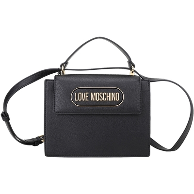 LOVE MOSCHINO 滑動式背帶壓紋皮革翻蓋斜背方包(黑色)