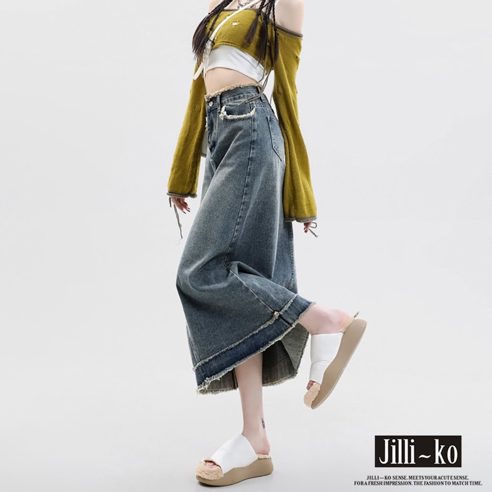 JILLI-KO 高腰毛邊設計復古牛仔包臀裙單寧中大碼- 藍色