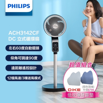 【PHILIPS 飛利浦】直立式DC渦流循環扇 +DIKE 低反彈背靠墊 兩色(綠/藍)-(ACR3142CF+HBC102)