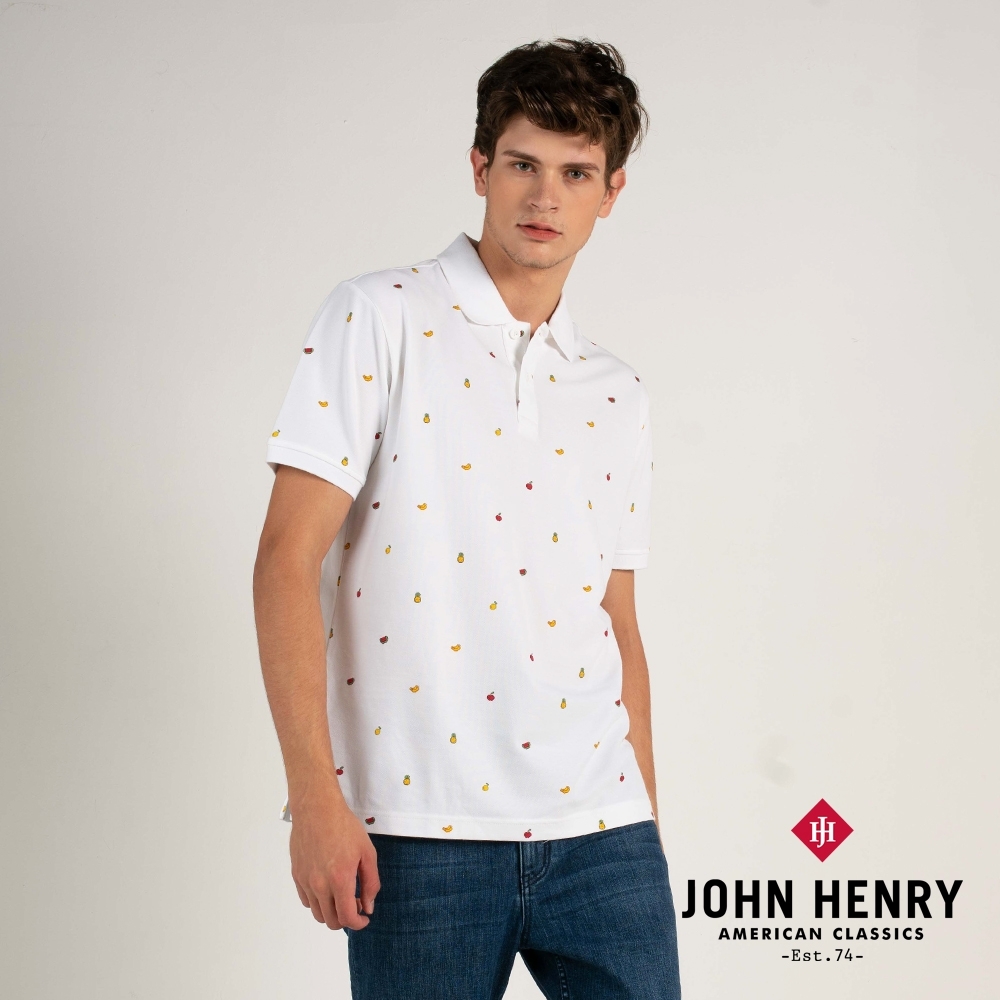 【JOHN HENRY】Hi Cool熱帶趣味水果印花短袖POLO-白