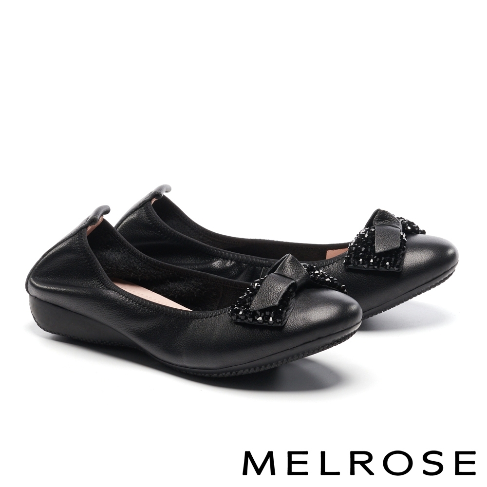 低跟鞋 MELROSE 舒適典雅角珠蝴蝶扭結牛皮楔型低跟鞋－黑