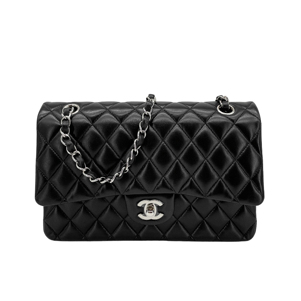 二手品 Chanel 經典銀雙C菱格羊皮翻蓋coco斜背包-25cm(A01112-黑)