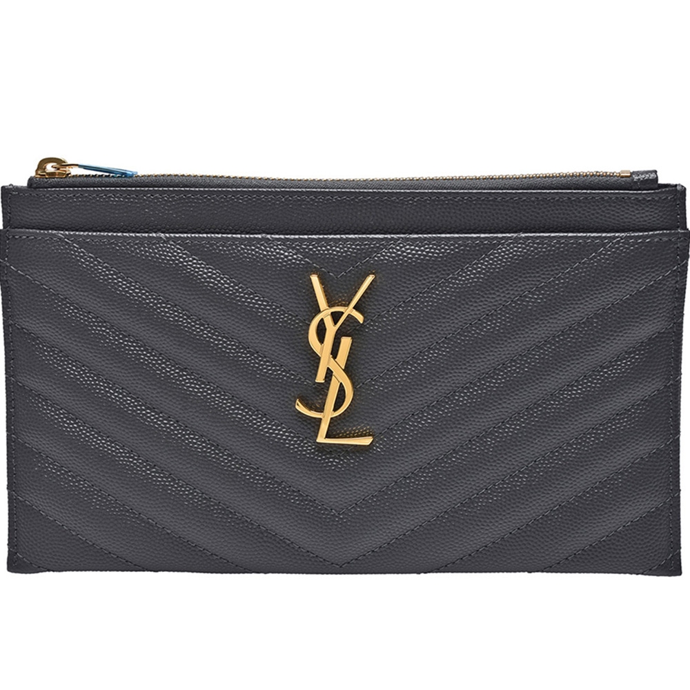 YSL MONOGRAM經典品牌金屬LOGO牛皮手拿包(灰色)