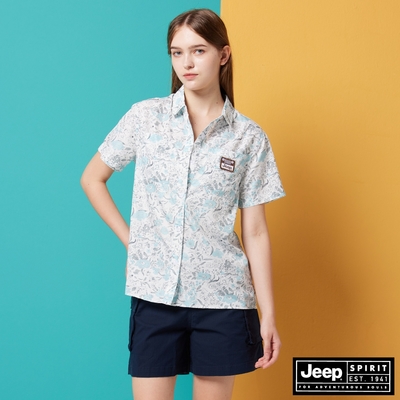 JEEP 女裝 夏日清新碎花短袖襯衫-綠