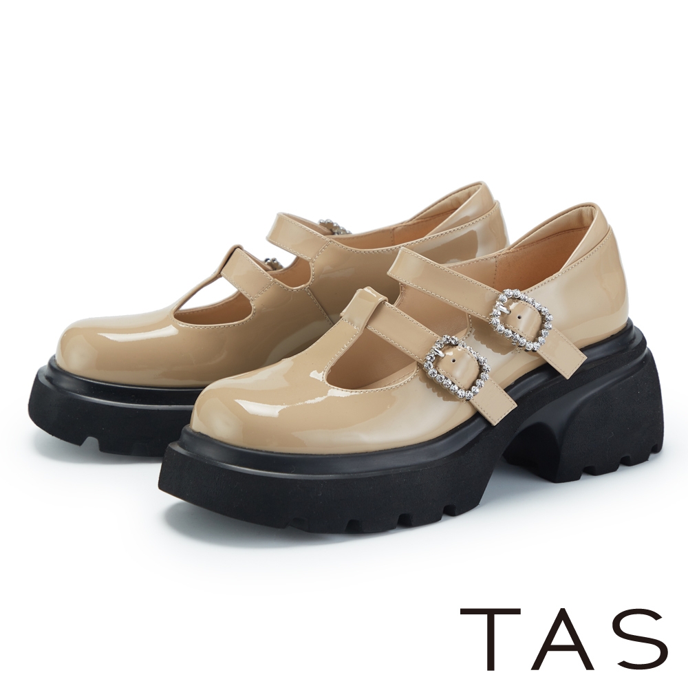TAS 復古丁字釦帶真皮鋸齒厚底瑪莉珍鞋 棕色