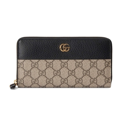 【GUCCI 古馳】456117 經典Petite Marmont 皮革拼接帆布拉鍊長夾(黑色)