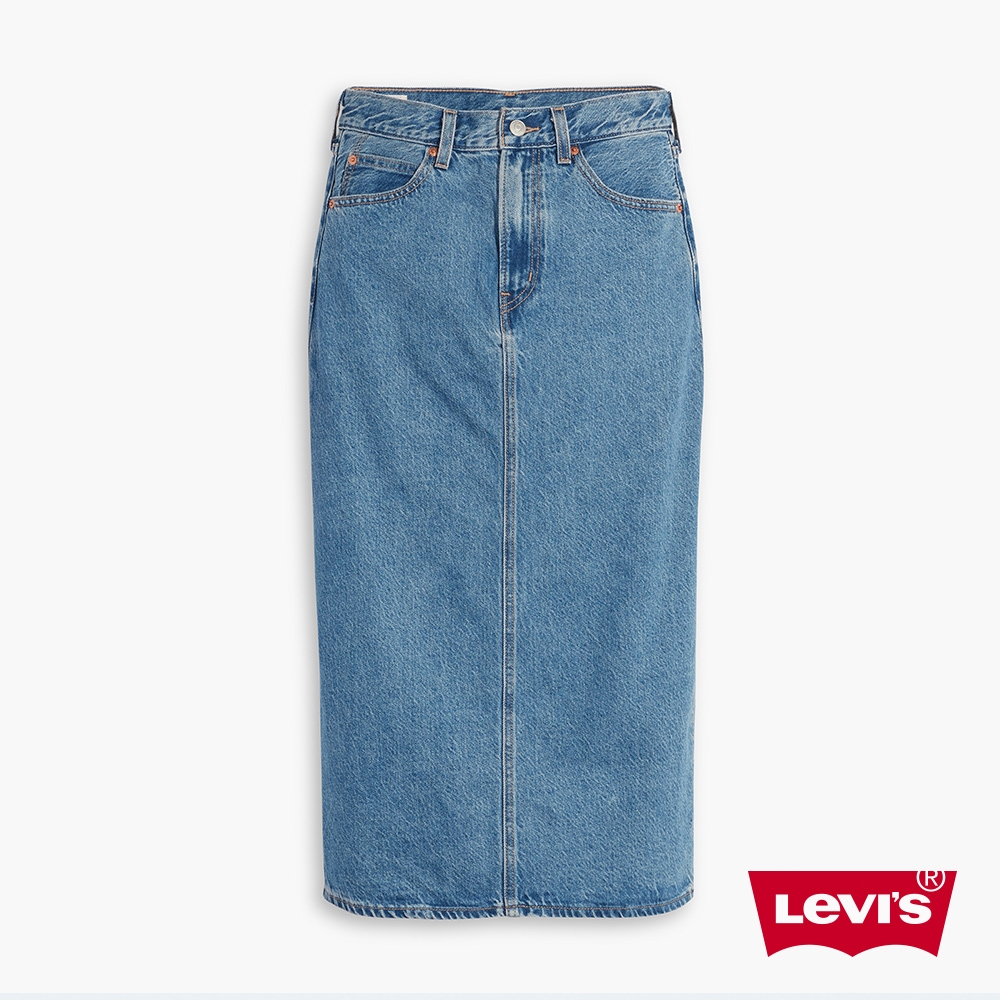 Levis 女款 70S復古後開叉修身牛仔長裙 / 精工中藍染石洗 / 天絲棉