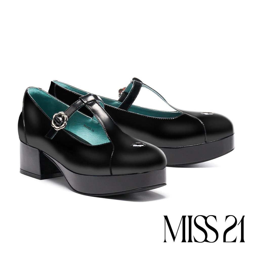 高跟鞋 MISS 21 精緻系敏感挖空小花T字帶方頭瑪莉珍高跟鞋－黑