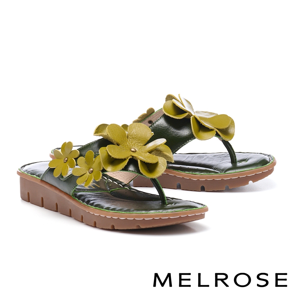 拖鞋 MELROSE 美樂斯 綻放立體花朵造型全真皮夾腳厚底拖鞋－綠