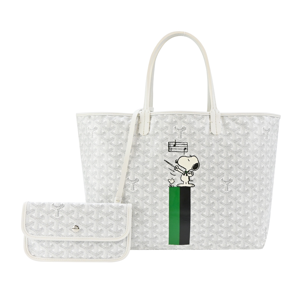 GOYARD SNOOPY 聯名款條紋塗料帆布LOGO子母購物包-小/白/綠黑