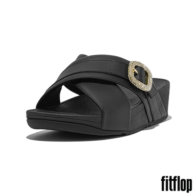 【FitFlop】LULU 水鑽扣環皮革十字交叉涼鞋-女(黑色)