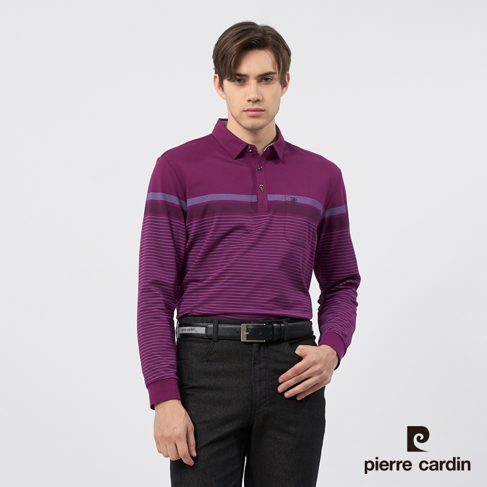 Pierre Cardin皮爾卡登 男款 定位橫條印花長袖POLO衫-紫紅色(5235261-28)