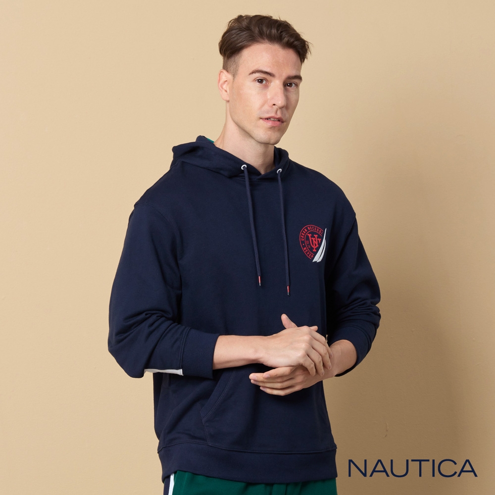 Nautica 男裝 撞色拼接休閒長袖連帽T恤-深藍