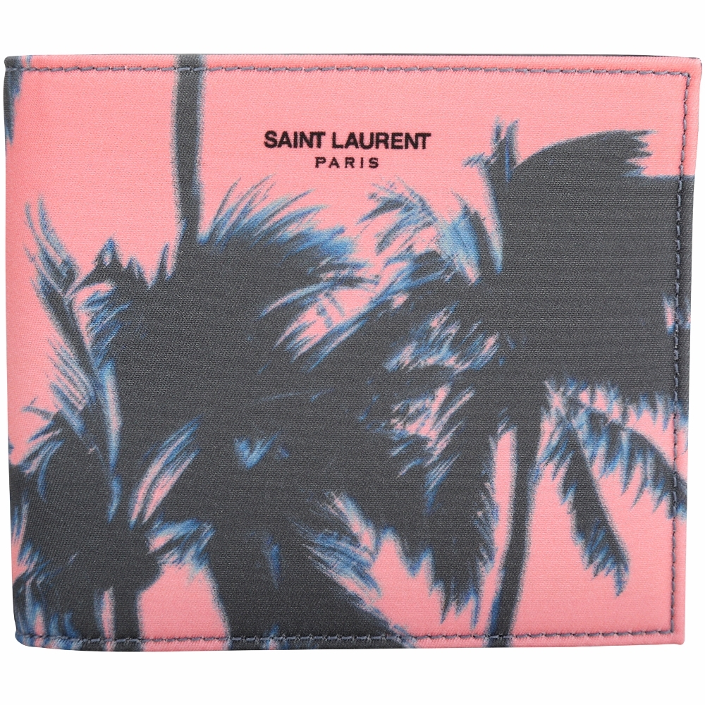 YSL Saint Laurent 棕櫚樹印花帆布牛皮內襯對折短夾