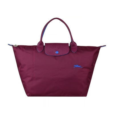 LONGCHAMP COLLECTION刺繡LOGO尼龍摺疊短把拉鍊手提包(中/梅紅x藍)