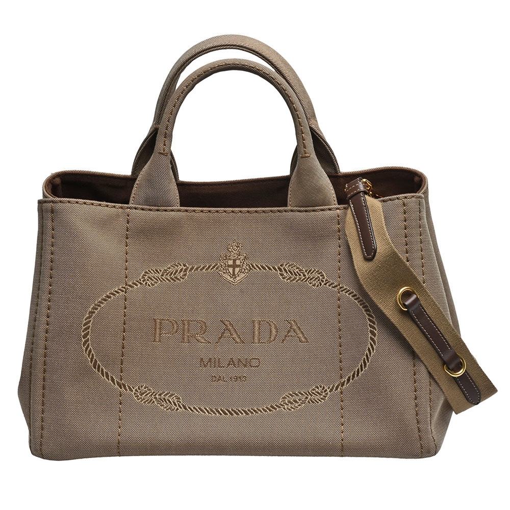 PRADA 經典品牌LOGO帆布手提/斜背包(卡其)