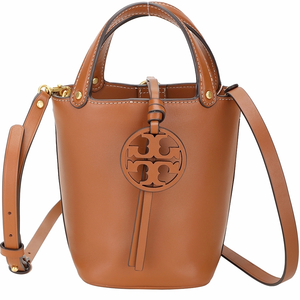 TORY BURCH Miller 雙T盾牌牛皮手提/斜背水桶包(焦糖色)