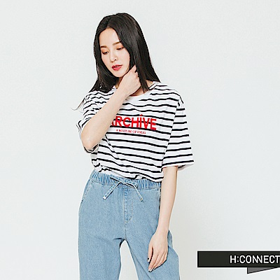 H:CONNECT 韓國品牌 女裝-條紋標語圓領T-shirt-藍