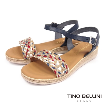 tino bellini 西班牙進口草編牛皮繫踝厚底涼鞋-藍