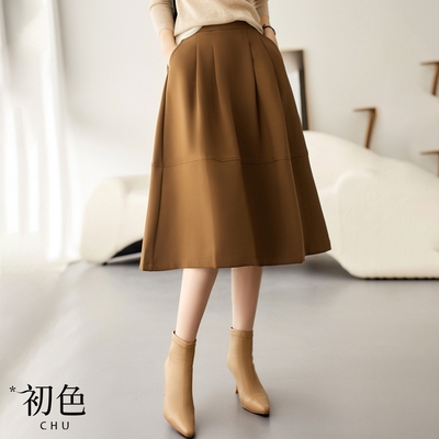初色 素色修身鬆緊腰A字半身裙-共3色-63933(M-XL可選)