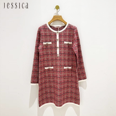 JESSICA - 氣質格紋羊毛混紡圓領長袖針織洋裝22447E