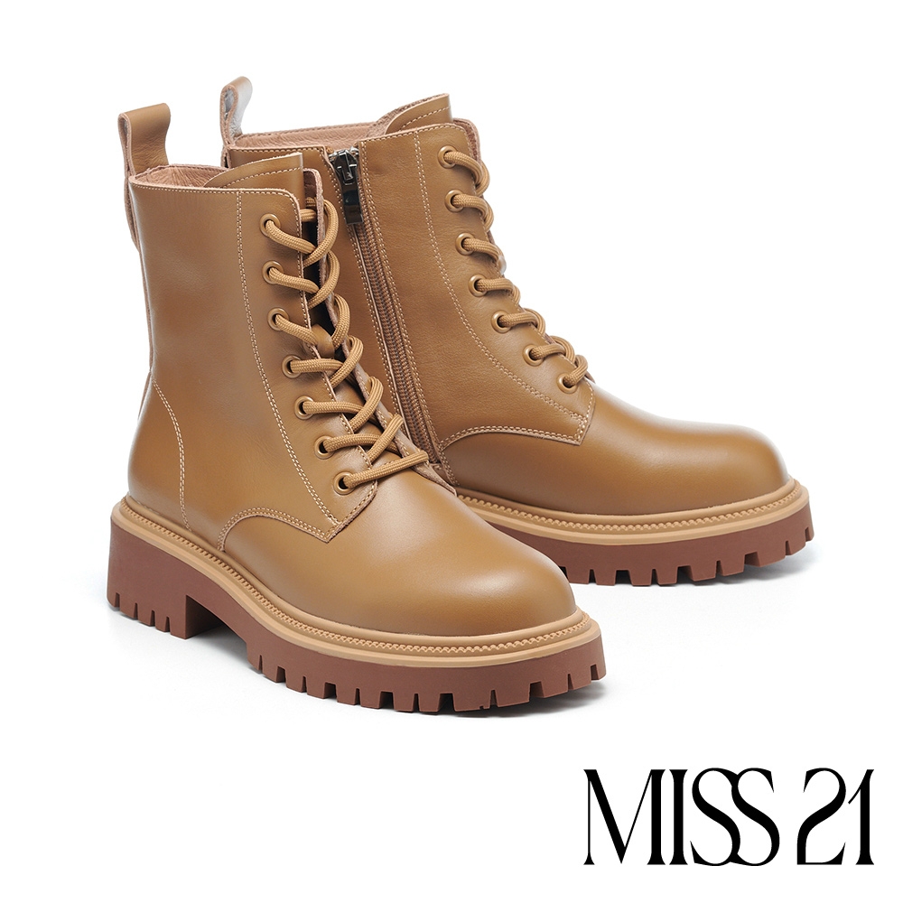 短靴 MISS 21 率性英倫風簡約純色綁帶牛皮厚底短靴－棕