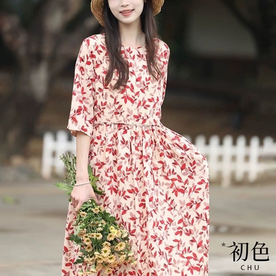 初色 圓領葉子印花連身洋裝短袖連身裙中長裙洋裝-紅色-33776(M-2XL可選)