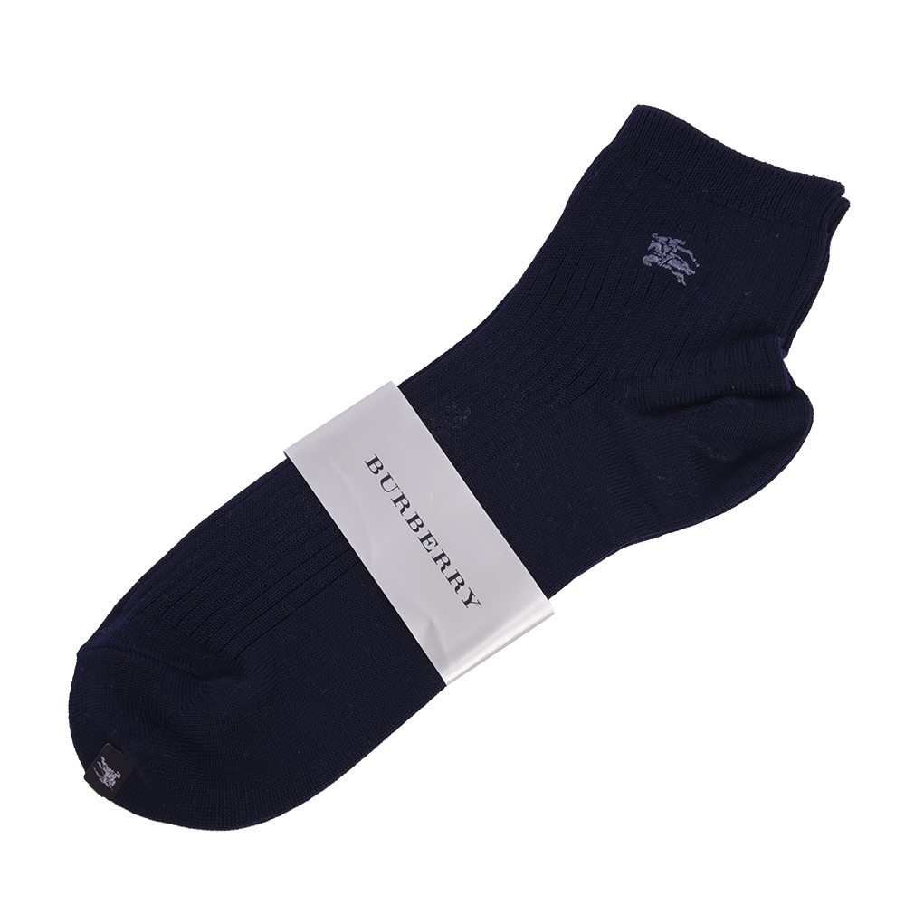 BURBERRY 經典LOGO刺繡休閒條紋短襪-深藍色