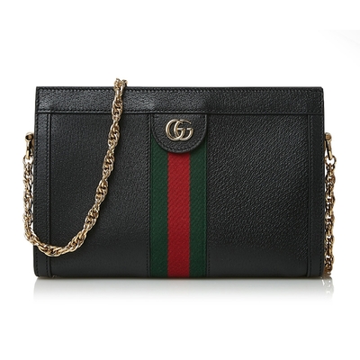 【GUCCI 古馳】503877 經典Ophidia系列GG帆布印花綠紅綠織帶皮革磁釦手拿/肩背包(黑色)