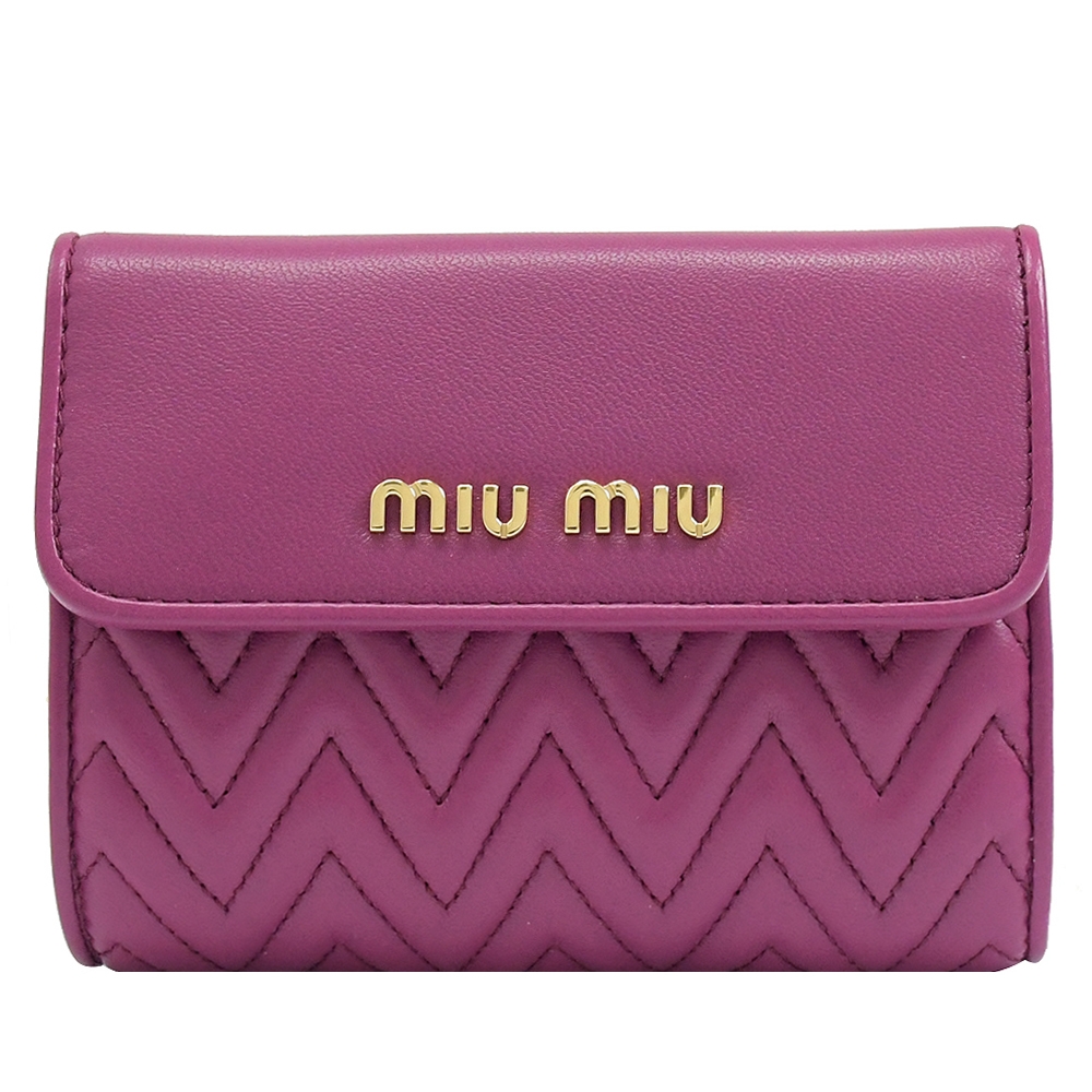 MIU MIU 金屬LOGO羊皮山型車線翻蓋零錢短夾(莓紫)