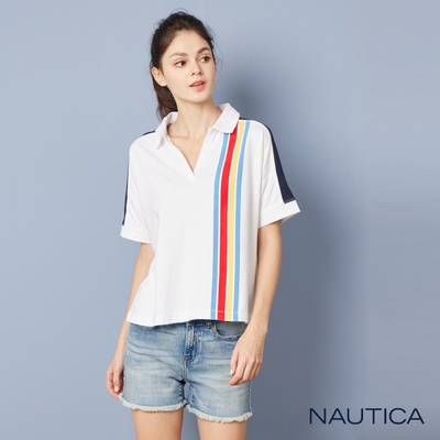 Nautica 女裝 撞色休閒V領短袖POLO衫-白色