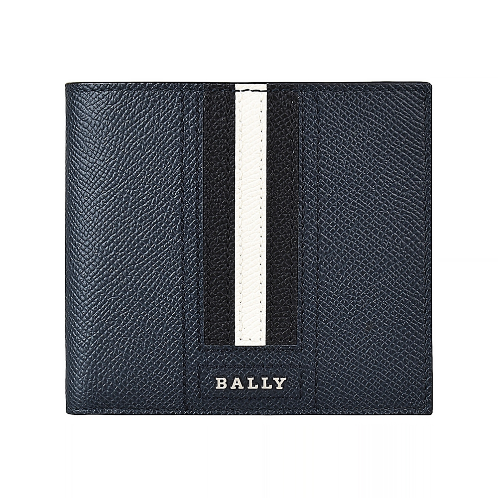 BALLY  TRASAI金屬銀字LOGO條紋設計防刮牛皮8卡對折短夾(深藍x黑白黑條紋)