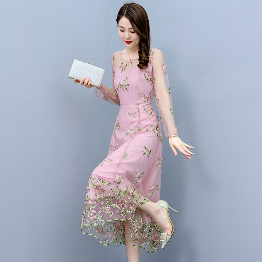 玩美衣櫃浪漫刺繡網紗粉色小禮服洋裝M-3XL-REKO