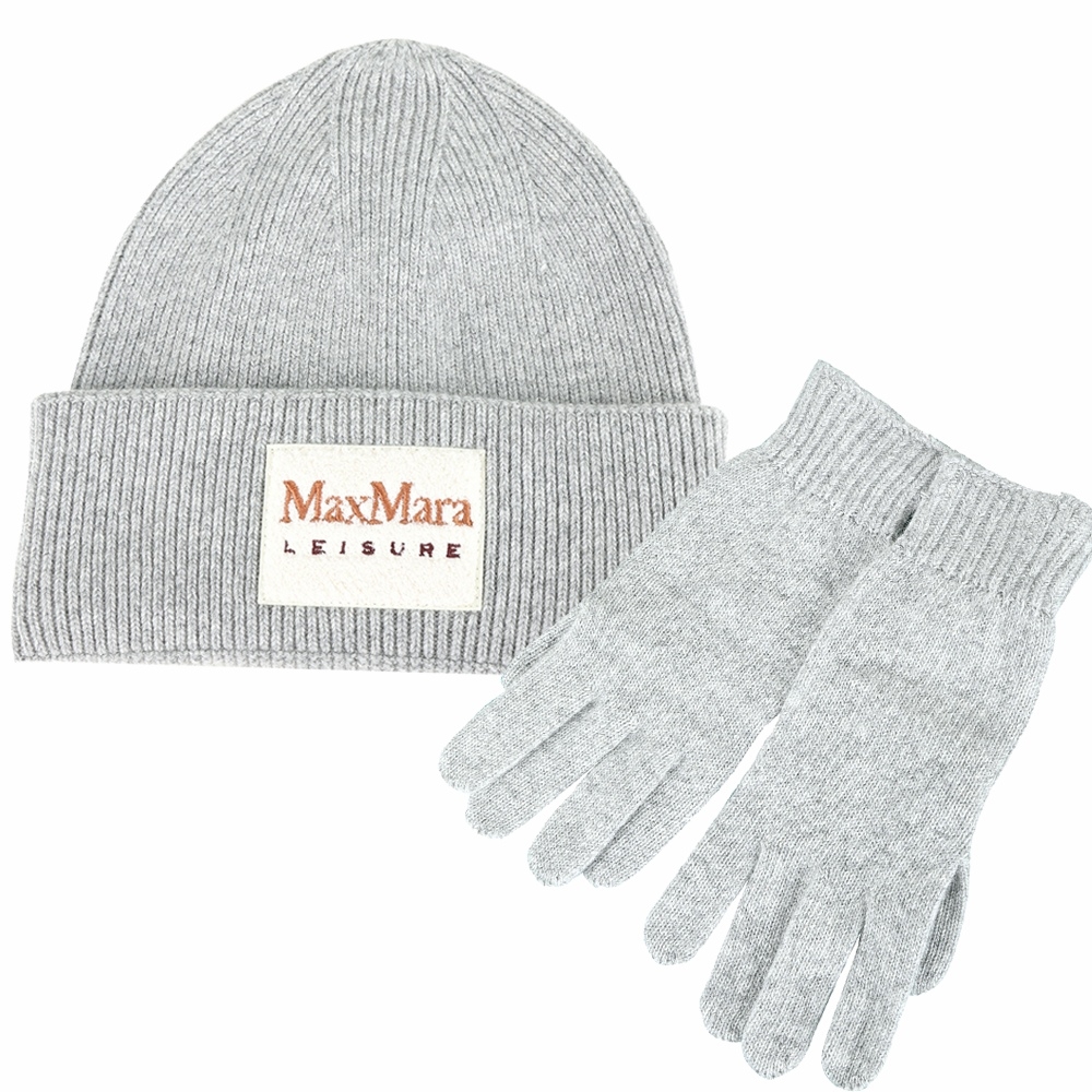 MAX MARA-Leisure 簇絨刺繡字母羊毛絨混紡羅紋反褶針織帽+手套(灰色)