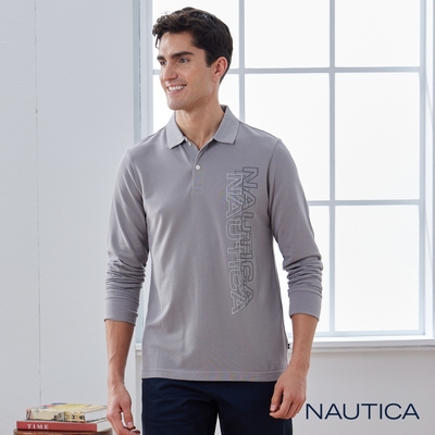 nautica男裝 品牌文字logo漸變印花長袖polo衫-灰