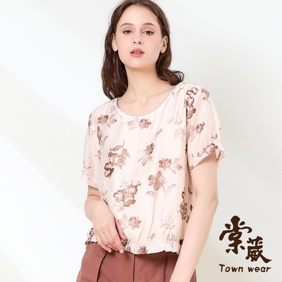 【TOWNWEAR棠葳】優雅花卉天絲棉上衣(中大尺碼/女上衣/女上著/短袖/輕薄/鑽飾/透膚)