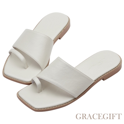 【Grace Gift】玄玄聯名-知性小姐不對稱套趾平底拖鞋 米白