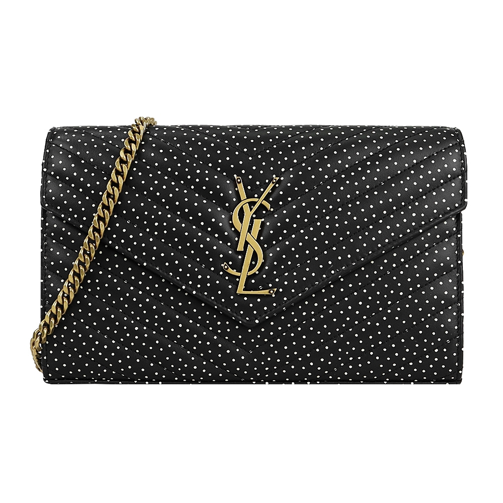 YSL Saint Laurent ENVELOPE系列V字縫線魚子醬牛皮波點金鍊斜肩/手拿包(黑x金)