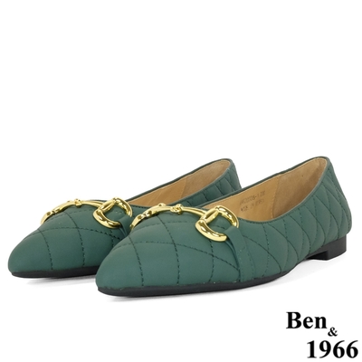 Ben&1966高級頭層羊皮尖頭菱格紋流行包鞋-草綠(208112)